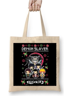 Toyaso Demon Slayer Iblis Keser Christmas Knit Yılbaşı Yeni Yıl Beyaz Bez Çanta Alışveriş Çantası
