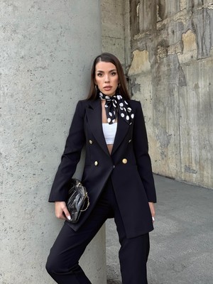 Seda Fidan Boutique Uzun Gold Düğmeli Blazer Ceket Siyah