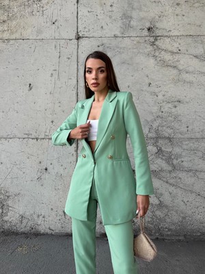 Seda Fidan Boutique Uzun Gold Düğmeli Blazer Ceket Mint