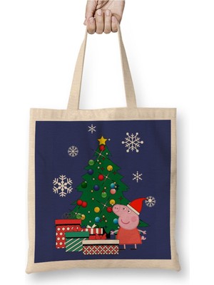 Toyaso Peppa Pig Around The Christmas Tree Yılbaşı Beyaz Bez Çanta Uzun Saplı Alışveriş Çantası