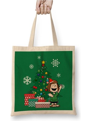 Toyaso Peppermint Patty Around The Christmas Tree Peanuts Beyaz Bez Çanta Uzun Saplı Alışveriş Çantası