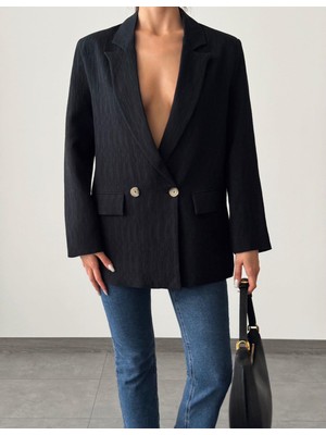 Seda Fidan Boutique Pliseli Çift Düğme Oversize Ceket Siyah