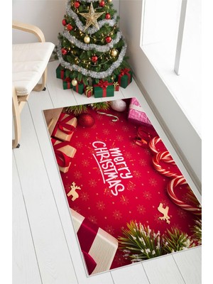 Pelura Halı Yılbaşı Temalı Merry Christmas Dijital Baskılı Yıkanabilir Kırmızı Halı
