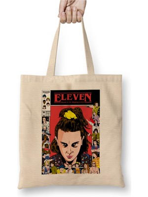 Toyaso Stranger Things Eleven 09 Beyaz Bez Çanta Uzun Saplı Alışveriş Çantası Plaj Çantası