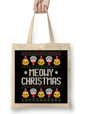 Toyaso Kediler Cats Meovy Yeni Yıl Christmas Knit Yılbaşı Beyaz Bez Çanta Uzun Saplı Alışveriş Çantası