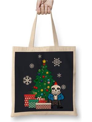 Toyaso Sans Around The Christmas Tree Undertale Beyaz Bez Çanta Uzun Saplı Alışveriş Çantası