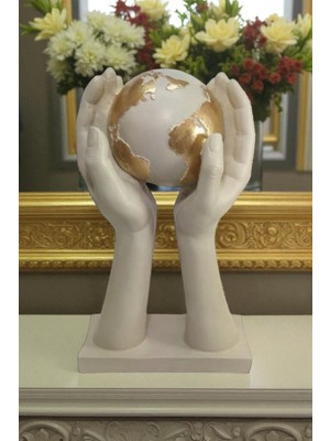 Ay Hediyelik Dünya Tutan El Heykeli - Dekoratif Polyester 17X28 cm