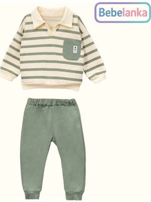 Vovido Erkek Çocuk Yeşil Çizgili Polo Yaka %100 Pamuklu Eşofman Takımı