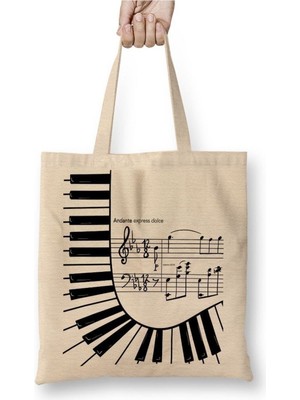 Toyaso Piyano Müzik Notaları Beyaz Bez Çanta Uzun Saplı Alışveriş Çantası Plaj Çantası