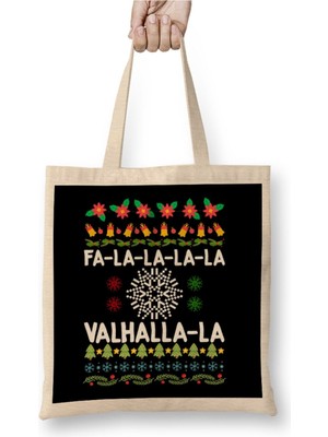 Toyaso Fa La La La Valhalla La Viking God Ugly Christmas Yılbaşı Beyaz Bez Çanta Uzun Saplı