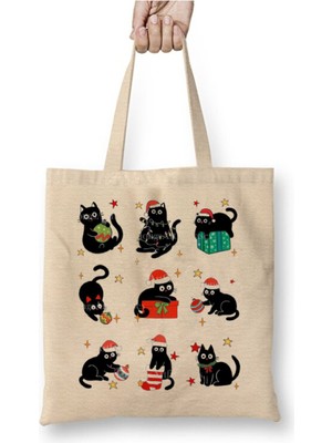 Toyaso Kedi Yılbaşı Mutlu Yıllar Noel Christmas Beyaz Bez Çanta Uzun Saplı Alışveriş Çantası