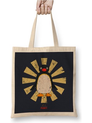 Toyaso Pingu Noot Retro Japanese Beyaz Bez Çanta Uzun Saplı Alışveriş Çantası Plaj Çantası