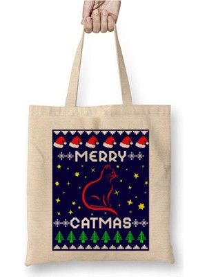 Toyaso Merry Catmas Yeni Yıl Christmas Knit Yılbaşı Beyaz Bez Çanta Uzun Saplı Alışveriş Çantası