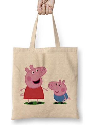 Toyaso Peppa Pig 01 Beyaz Bez Çanta Uzun Saplı Alışveriş Çantası Plaj Çantası