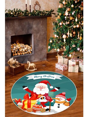 Pelura Halı Merry Christmas Yılbaşı Temalı Dijital Baskılı Yıkanabilir Mavi Yuvarlak Halı