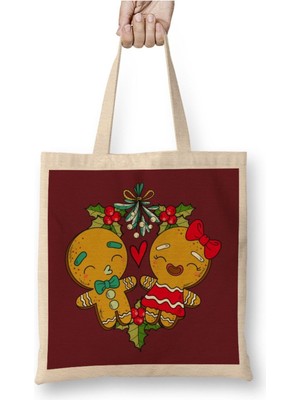 Toyaso Mistletoe Gingerbread Christmas Kurabiye Adam Yılbaşı Beyaz Bez Çanta Uzun Saplı Alışveriş Çantası
