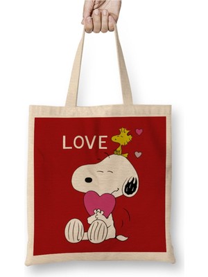 Toyaso Snoopy Peanuts I Love You 01 Beyaz Bez Çanta Uzun Saplı Alışveriş Çantası Plaj Çantası