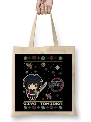 Toyaso Demon Slayer Giyu Tomioka Christmas Knit Yılbaşı Beyaz Bez Çanta Uzun Saplı Alışveriş Çantası