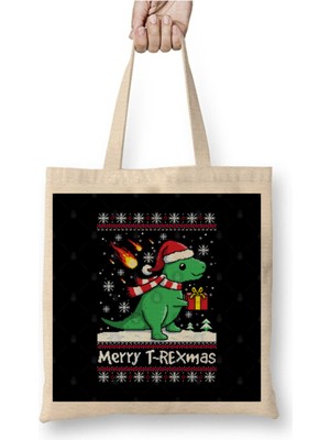 Toyaso Merry T Rex Christmas Knit Yılbaşı Beyaz Bez Çanta Uzun Saplı Alışveriş Çantası