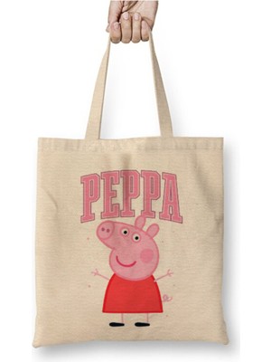 Toyaso Peppa Pig Beyaz Bez Çanta Uzun Saplı Alışveriş Çantası Plaj Çantası