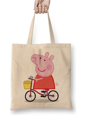 Toyaso Peppa Pig Bisikletli Beyaz Bez Çanta Uzun Saplı Alışveriş Çantası Plaj Çantası
