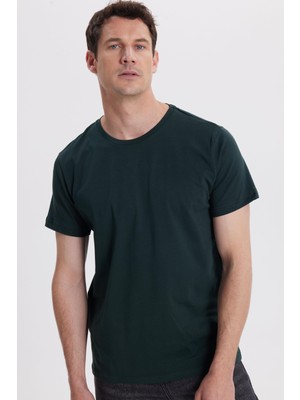 Tudors Erkek Slim Fit Dar Kesim Pamuklu Yumuşak Doku Likralı Esnek Kumaş Basic Koyu Yeşil Bisiklet Yaka Tişört