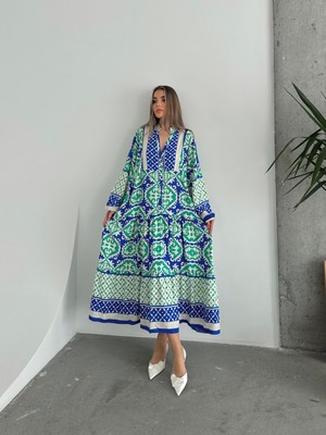 Seda Fidan Boutique Yakası Düğmeli Çok Renkli Salaş Viskon Elbise Mavi