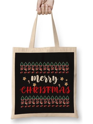 Toyaso Yılbaşı Yeni Yıl Merry Christmas Beyaz Bez Çanta Uzun Saplı Alışveriş Çantası