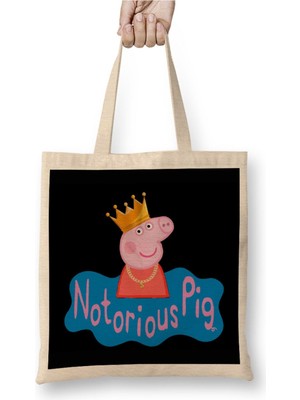 Toyaso Notorious Peppa Pig Black Beyaz Bez Çanta Uzun Saplı Alışveriş Çantası Plaj Çantası