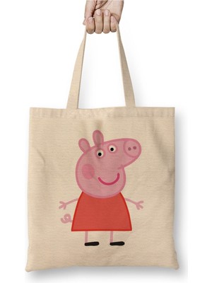 Toyaso Peppa Pig Beyaz Bez Çanta Uzun Saplı Alışveriş Çantası Plaj Çantası
