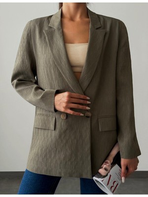 Seda Fidan Boutique Pliseli Çift Düğme Oversize Ceket Haki