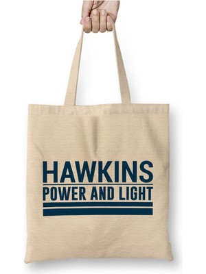 Toyaso Stranger Things Hawkins Power And Light Beyaz Bez Çanta Uzun Saplı Alışveriş Çantası Plaj Çantası