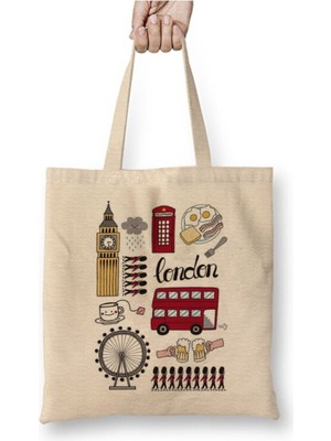 Toyaso Londra Ingiltere London Hediye Beyaz Bez Çanta Uzun Saplı Alışveriş Çantası Plaj Çantası