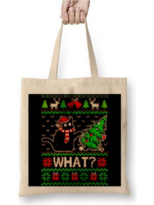 Toyaso Cat Kedi Kitten Christmas Knit Yılbaşı Beyaz Bez Çanta Uzun Saplı Alışveriş Çantası