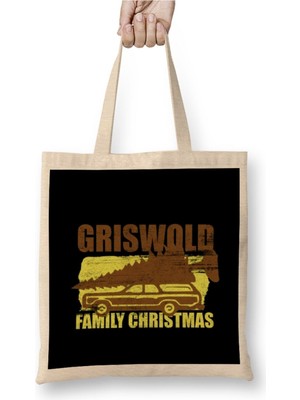 Toyaso Griswold Family Christmas Tree Yılbaşı Beyaz Bez Çanta Uzun Saplı Alışveriş Çantası