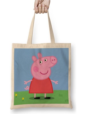Toyaso Peppa Pig 06 Beyaz Bez Çanta Uzun Saplı Alışveriş Çantası Plaj Çantası