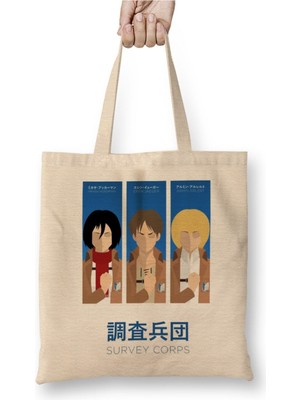 Toyaso Attack On Titan Survey Corps Mikasa Levi Beyaz Bez Çanta Uzun Saplı Alışveriş Çantası Plaj Çantası