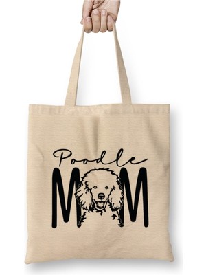 Toyaso Poodle Mom Beyaz Bez Çanta Uzun Saplı Alışveriş Çantası Plaj Çantası