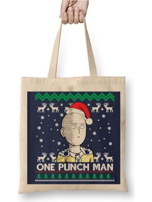 Toyaso One Punch Man Saitama Christmas Yılbaşı Beyaz Bez Çanta Uzun Saplı Alışveriş Çantası