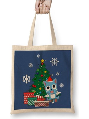 Toyaso Happy Fairy Tail Around The Christmas Tree Yılbaşı Beyaz Bez Çanta Uzun Saplı Alışveriş Çantası
