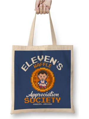 Toyaso Stranger Things Elevens Waffle Society Beyaz Bez Çanta Uzun Saplı Alışveriş Çantası Plaj Çantası
