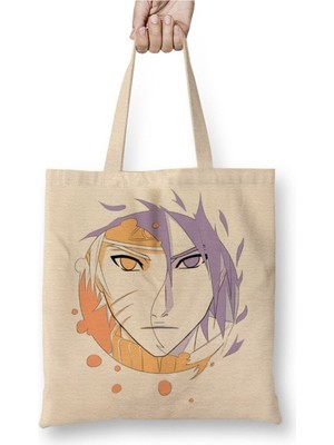 Toyaso Naruto Sasuke Beyaz Bez Çanta Uzun Saplı Alışveriş Çantası Plaj Çantası