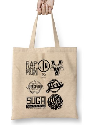 Toyaso Bts Members Logo Beyaz Bez Çanta Uzun Saplı Alışveriş Çantası Plaj Çantası