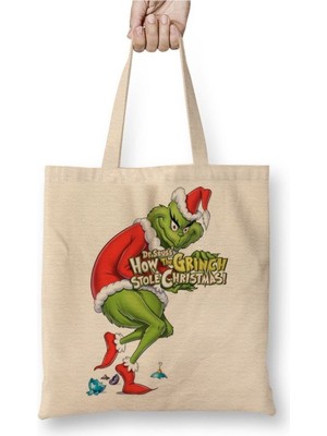 Toyaso Grinch Noel Beyaz Bez Çanta Uzun Saplı Alışveriş Çantası Plaj Çantası