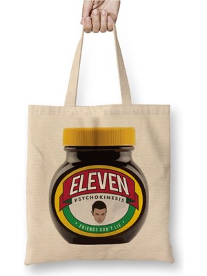 Toyaso Stranger Things Eleven Marmite Beyaz Bez Çanta Uzun Saplı Alışveriş Çantası Plaj Çantası