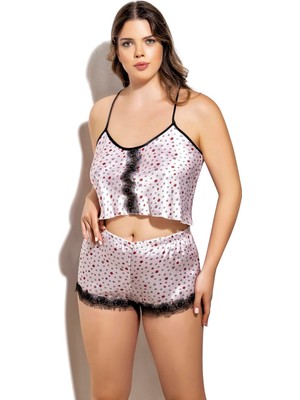 Öpücük Desenli Fantezi Büyük Beden Şortlu Saten Takım