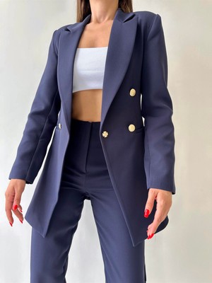 Seda Fidan Boutique Uzun Gold Düğmeli Blazer Ceket Lacivert