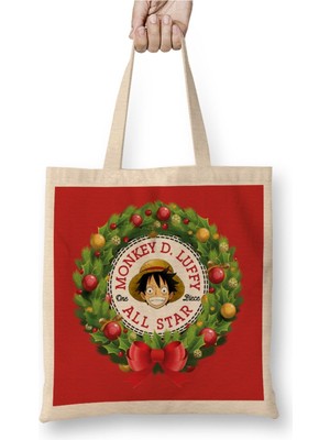 Toyaso Christmas All Star One Piece Monkey Yılbaşı Beyaz Bez Çanta Uzun Saplı Alışveriş Çantası