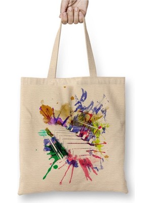 Toyaso Renkli Piyano Müzik Notaları Beyaz Bez Çanta Uzun Saplı Alışveriş Çantası Plaj Çantası