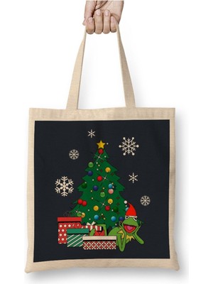 Toyaso Kermit Around The Christmas Tree Muppets Beyaz Bez Çanta Uzun Saplı Alışveriş Çantası
